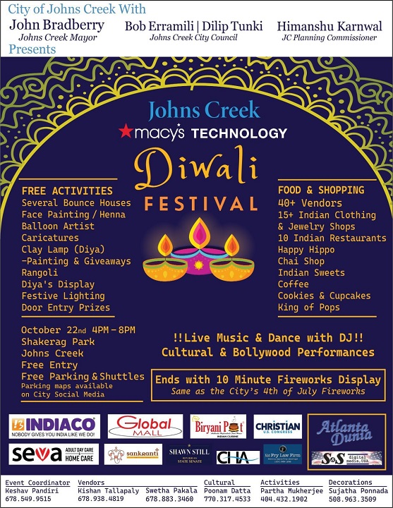 City of Johns Creek & Macy’s Diwali Festival on Oct 22 at Shakerag Park